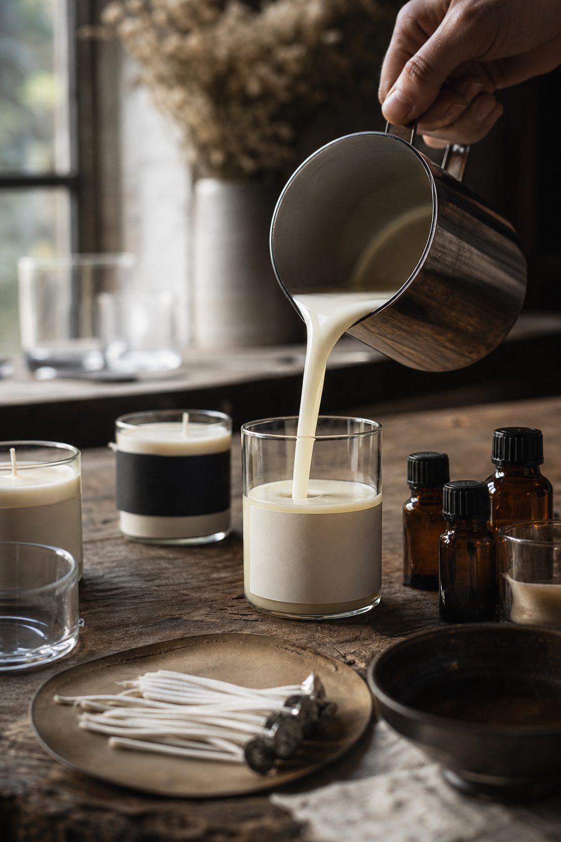 Molten soy wax being poured into a glass vessel in a small-batch studio